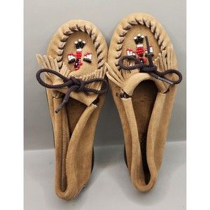 Minnetonka Kids Moccasins with Beaded Design in Tan